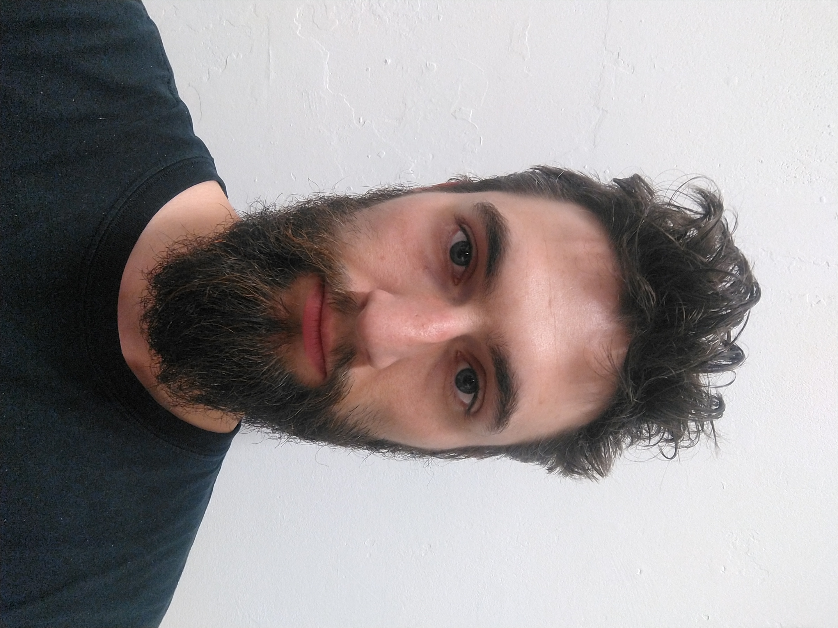 A bearded man with sexy-cool hair, wearing a black t-shirt standing in front of a white wall